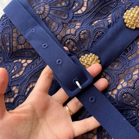 SELF PORTRAIT Collared Floral Guipure Belted Midi Dress - Picture 7 of 11